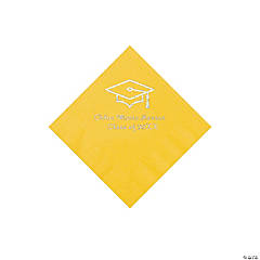 Yellow Grad Mortarboard Personalized Napkins with Silver Foil – Beverage