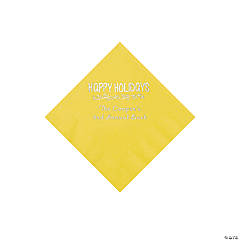 Yellow Happy Holidays Personalized Napkins with Silver Foil – Beverage