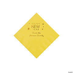 Yellow Happy New Year Personalized Napkins with Gold Foil - Beverage