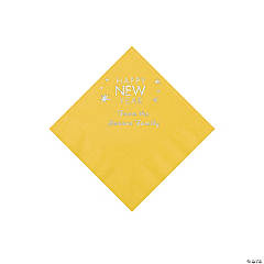 Yellow Happy New Year Personalized Napkins with Silver Foil - Beverage