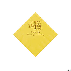 Yellow Merry Christmas Personalized Napkins with Gold Foil - Beverage