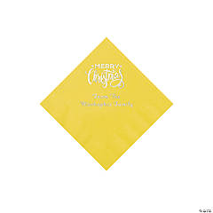 Yellow Merry Christmas Personalized Napkins with Silver Foil - Beverage
