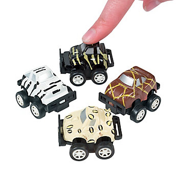 1 1/4" Mini Safari-Themed Plastic Pull-Back Cars - 24 Pc.