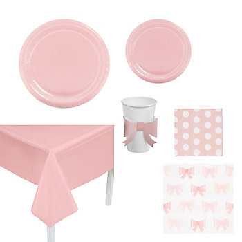 139 Pc. Pink Bow Party Disposable Tableware Kit for 24 Guests