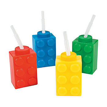 16 oz. Color Brick Building Block Reusable Plastic Party Cups with Straw & Lid &#8211; 8 Ct. 