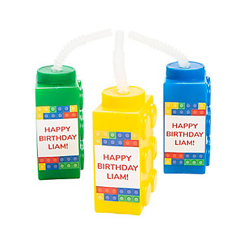 16 oz. Personalized Color Brick Building Block Party Reusable Plastic Cups with Lids & Straws - 16 Ct.
