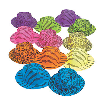 22" circ. Neon Animal Print Fedora Hats Assortment - 12 Pc.