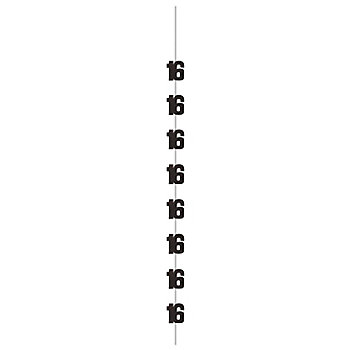 3" x 60" Black Glitz Number 16 Plastic Hanging Decorations - 6 Pc.