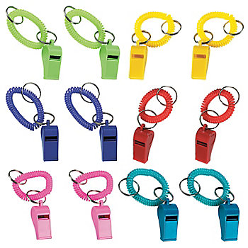 4" Solid Color Plastic Whistle with Stretchy Coil Keychains - 12 Pc.