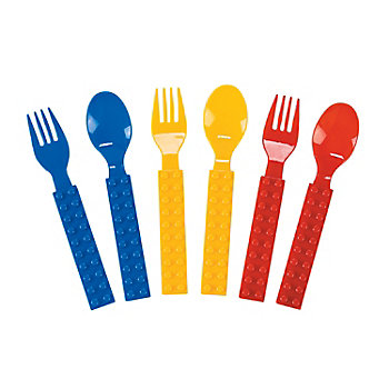 5 1/2" Color Brick Building Block Party Plastic Fork & Spoon Set - 16 Ct.