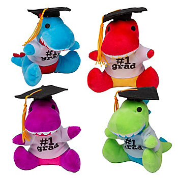 5 1/2" Graduation Multicolor Stuffed Dinosaurs with Cap - 12 Pc.