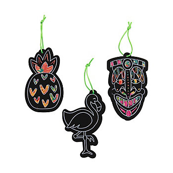 5" &#8211; 5 1/4" Magic Color Scratch Luau Flamingo, Pineapple & Tiki Mask Ornaments &#8211; 24 Pc.
