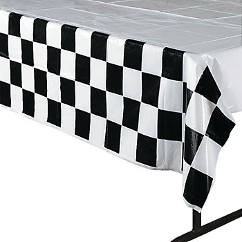 54" x 108" Black & White Checkered Rectangle Disposable Plastic Tablecloth
