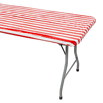 8 Ft. Red Striped Rectangle Fitted Disposable Plastic Tablecloth