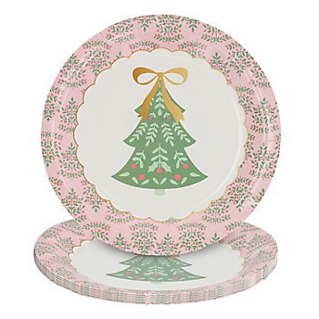 9 1/4" Tree Bow Round Disposable Paper Dinner Plates with Pink Trim &#8211; 24 Ct. 