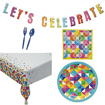 Bright Geometric Shapes Disposable Tableware Decorating Kit for 24 Guests - 108 Pc.