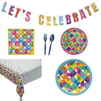 Bright Geometric Shapes Disposable Tableware Decorating Kit for 8 Guests - 50 Pc.
