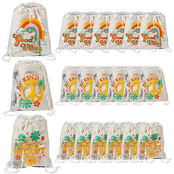 Large Transparent Groovy Party Drawstring Bags - 6 Pc.