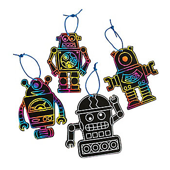 Magic Color Scratch Robot Ornaments - 24 Pc.