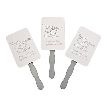 Personalized Silver Two Hearts Wedding Hand Fans - 12 Pc.