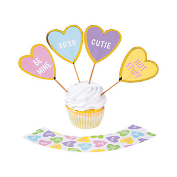 12 Plastic Conversation Heart Valentines Day Cupcake Rings Cake Toppers 