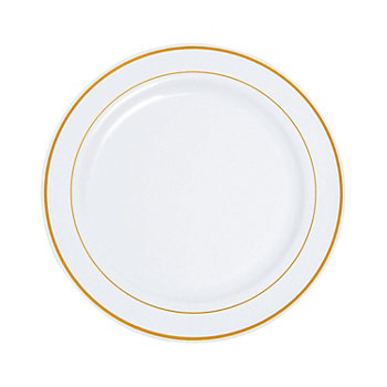 White Plastic Dinner Plates with Gold Trim - 25 Ct.