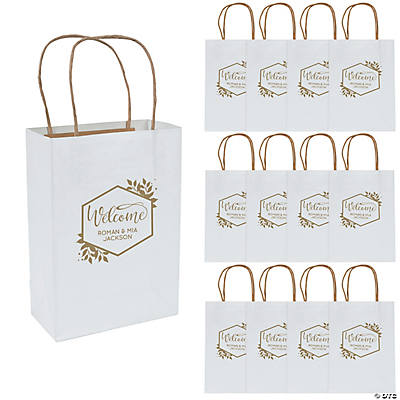 7 1/2 x 9 Medium Welcome White Paper Gift Bags with Rose Gold Foil - 12  Pc.