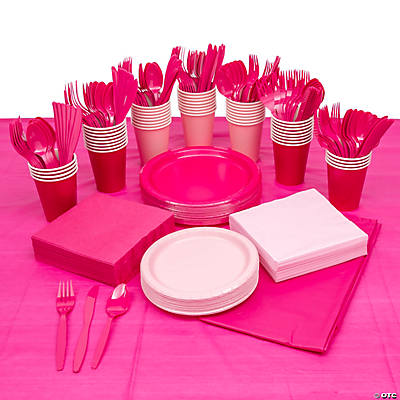 Bulk Hot Pink & White Disposable Tableware Kit for 48 Guests