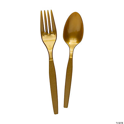 Gold with White Handle Moderno Disposable Plastic Cutlery Set - Spoons,  Forks and Knives (240 Guests)