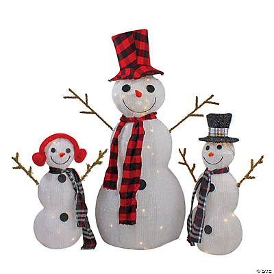 Set Of 3 Lighted Tinsel Snowman Family, Light Up Snowman Outdoor Decoration