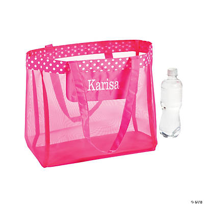 Personalized Large Hot Pink Mesh Tote Bag with White Thread Embroidery - Discontinued
