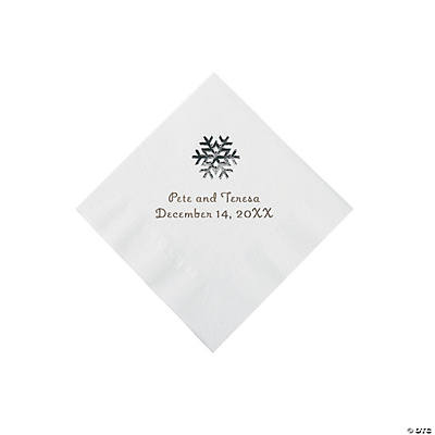 White Snowflake Personalized Napkins with Silver Foil - Beverage