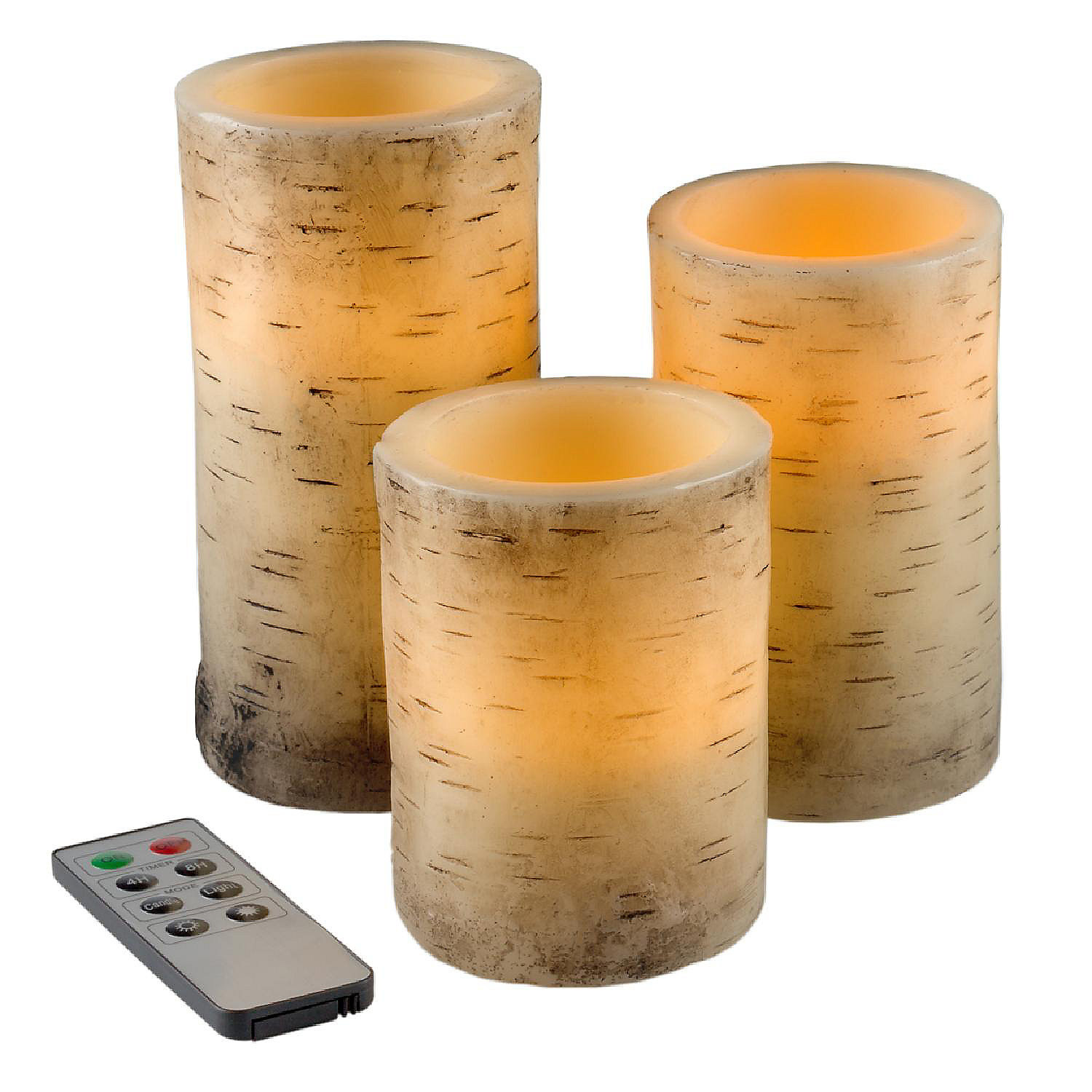 3 Pc Birch Bark Real Wax LED Flameless Flickering Candle Set w/ Remote