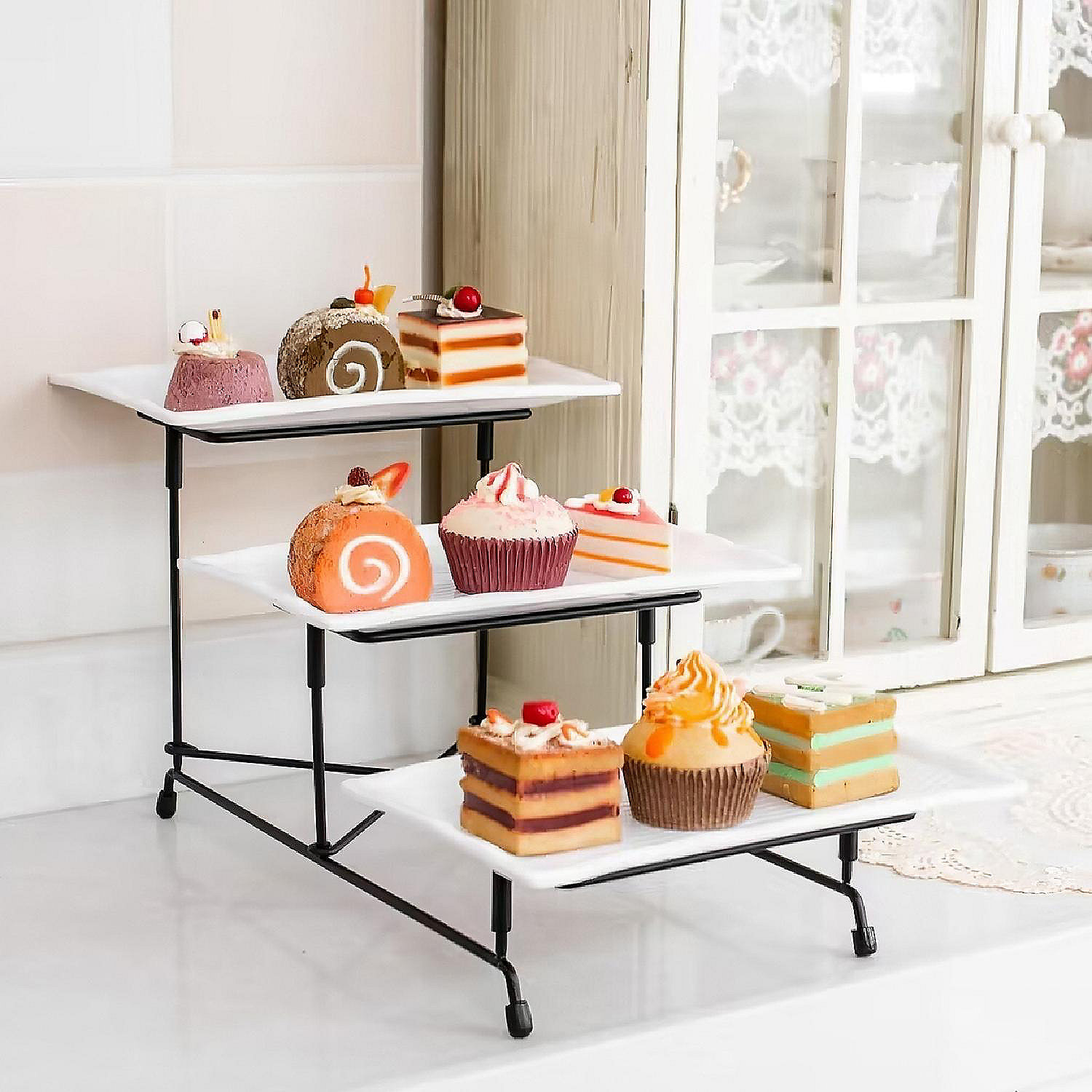3Tier Plastic Serving Tray Dessert Server Display Serving Stand Dinnerware with 3 Rectangular