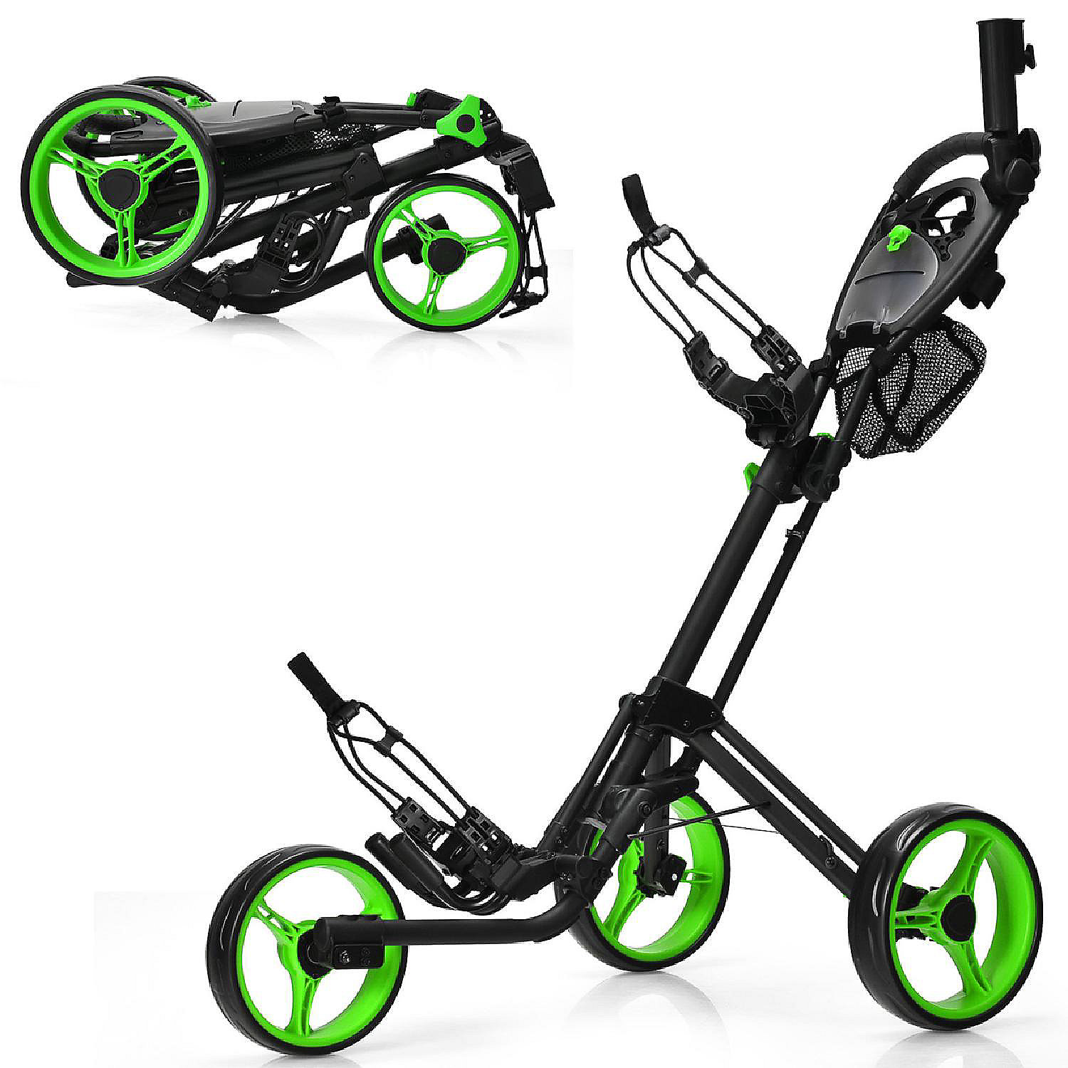 3 Wheels Foldable Golf Push Pull Cart Trolley w/ Mesh Bag Foot Brake