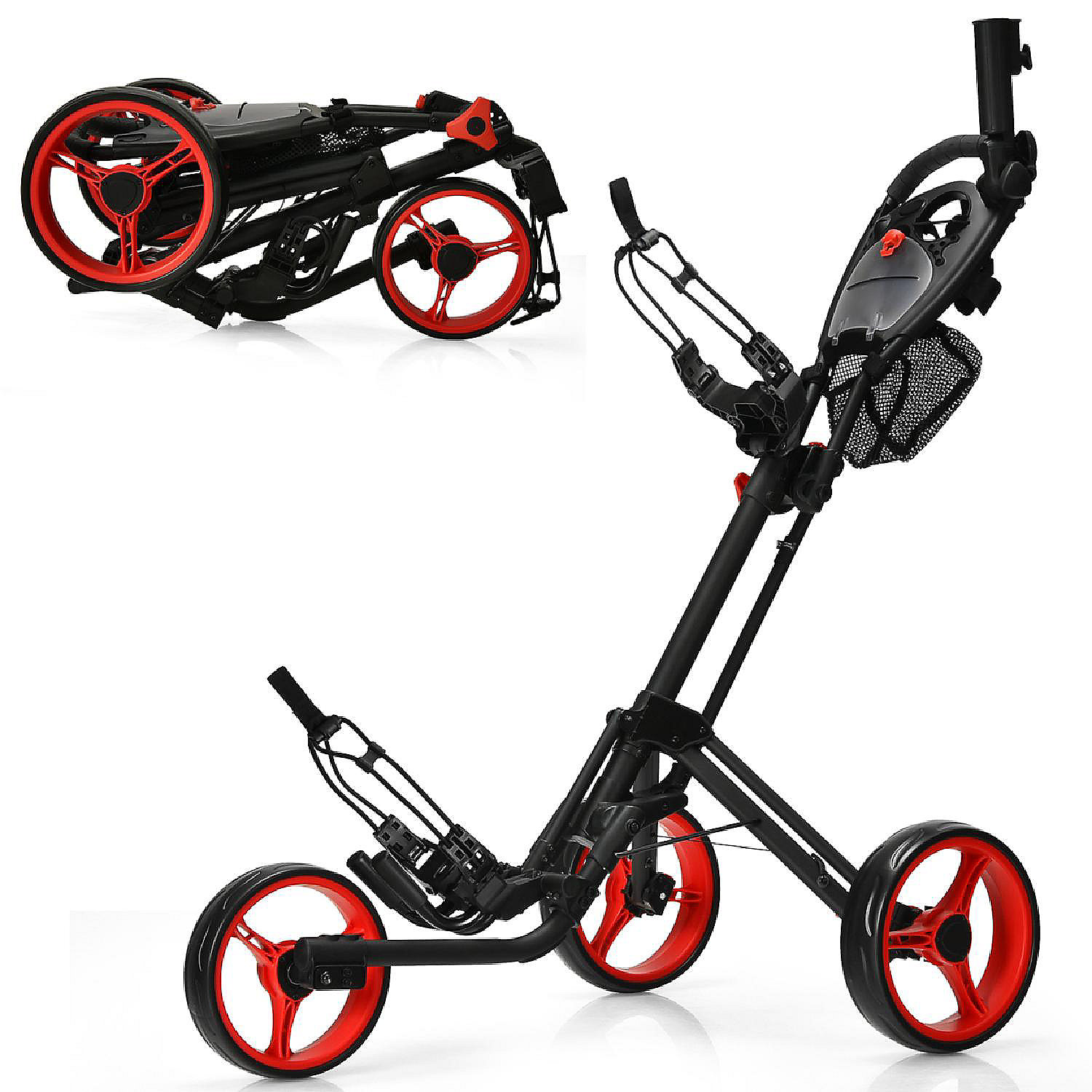 3 Wheels Foldable Golf Push Pull Cart Trolley w/ Mesh Bag Foot Brake