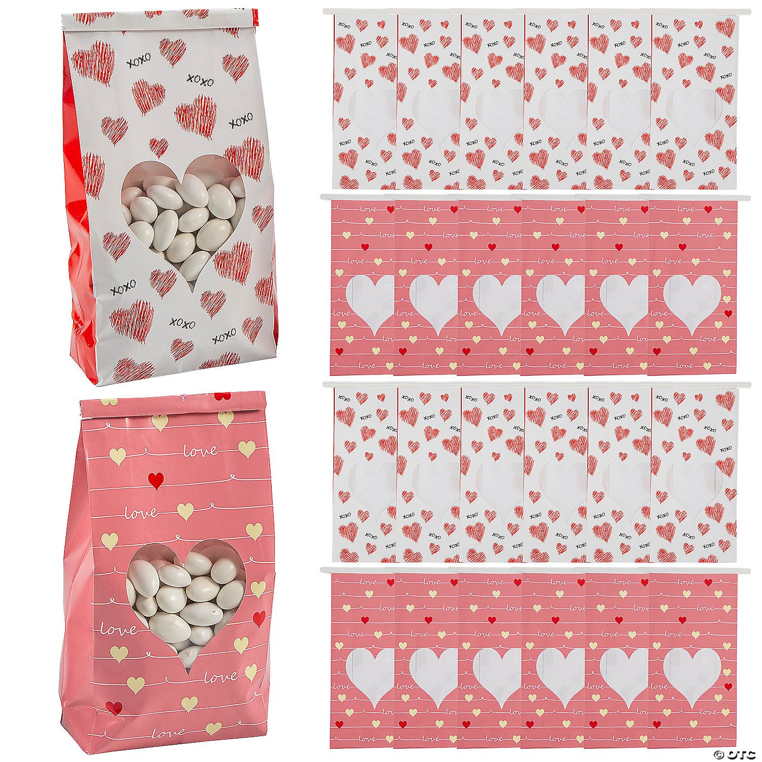 FAVOUR BAGS PRETTY WHITE HEARTS & PINK CELLOPHANE BAGS,COOKIE BAGS,SWEETIE BAGS 