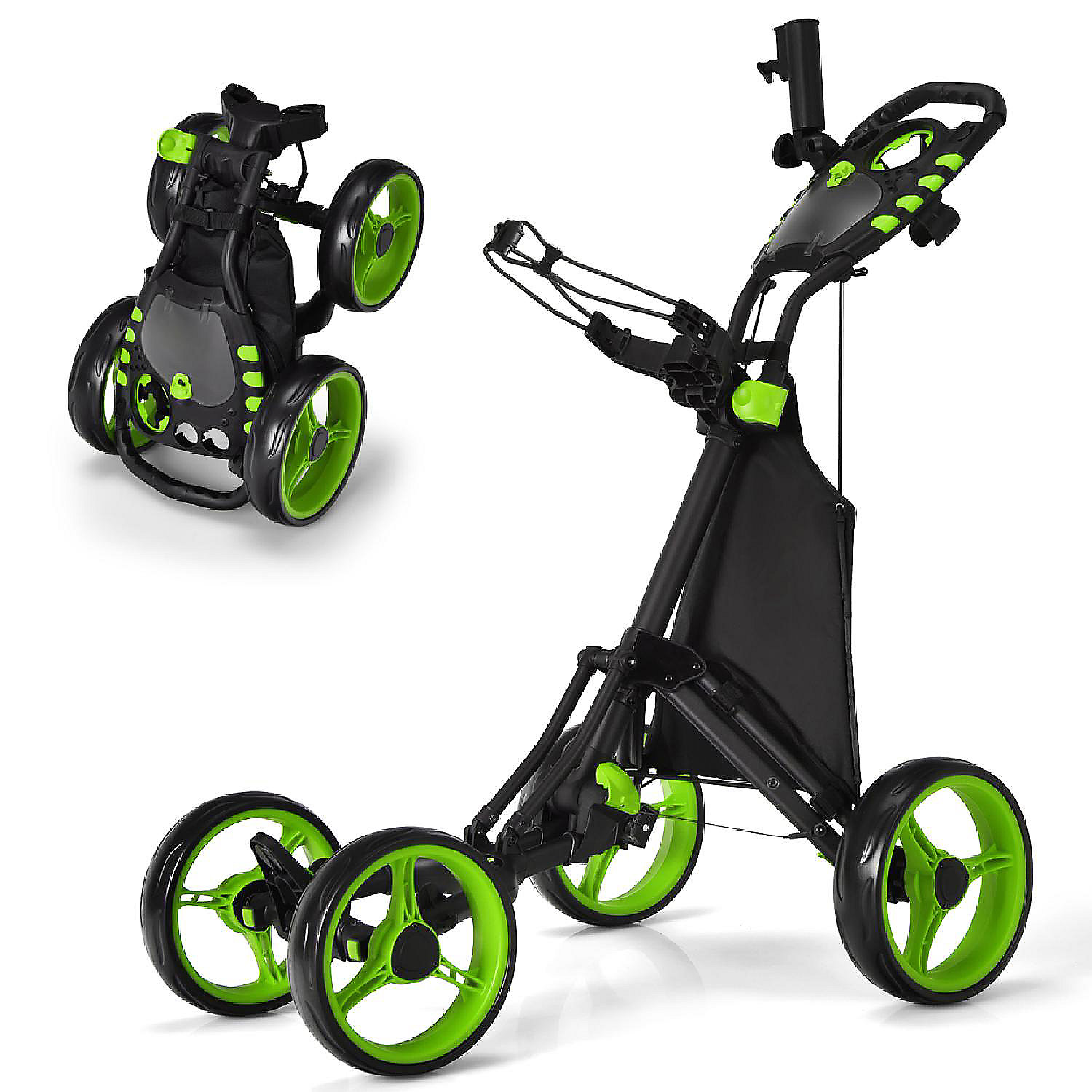 4 Wheels Foldable Golf Push Pull Cart Trolley w/ Brake Waterproof Bag