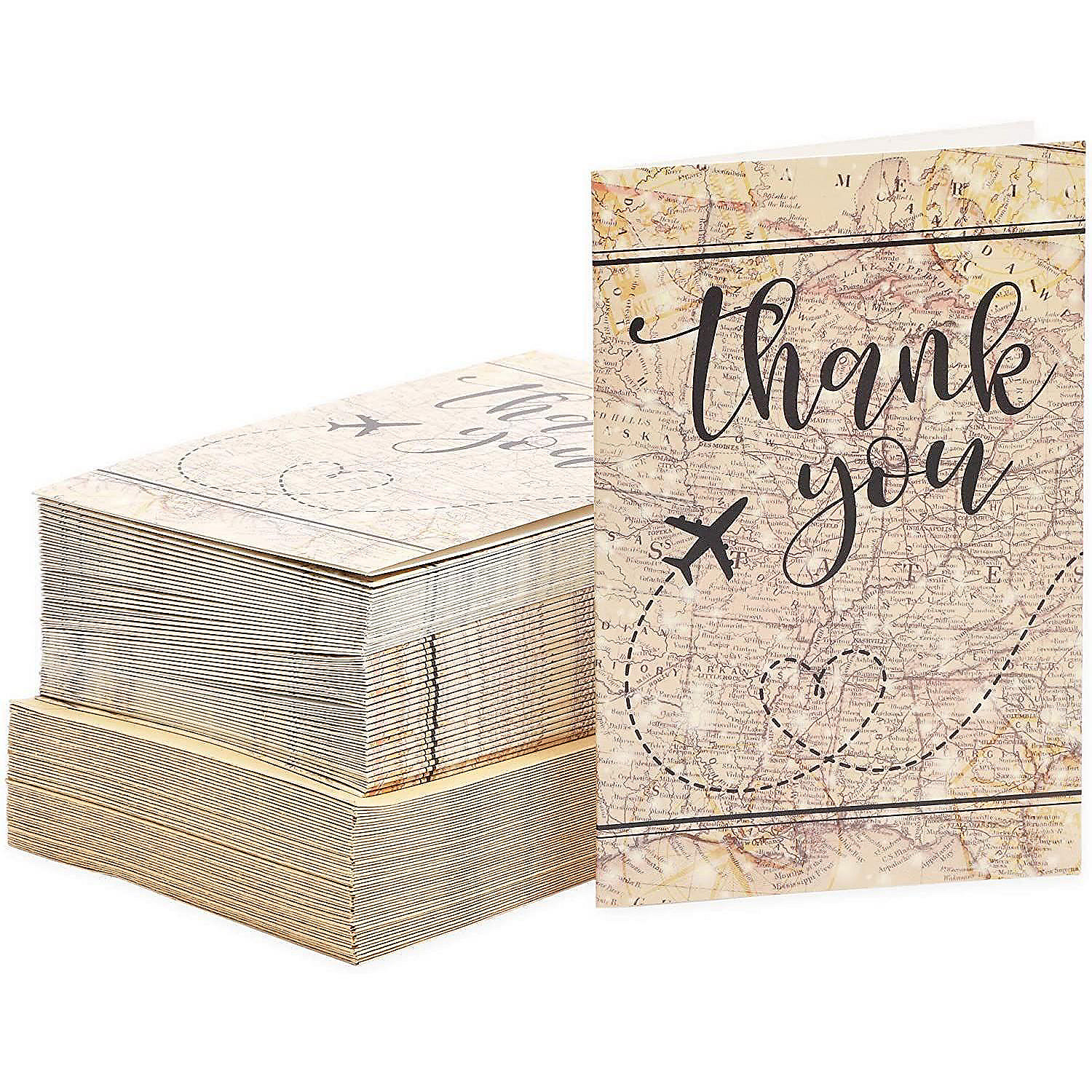 48 Pack Travel Thank You Cards - 48 Pack Travel Thank You Cards With Envelopes 4x6 Notecards With Airplane Map And Adventure Design Brown~14574259$NOWA$
