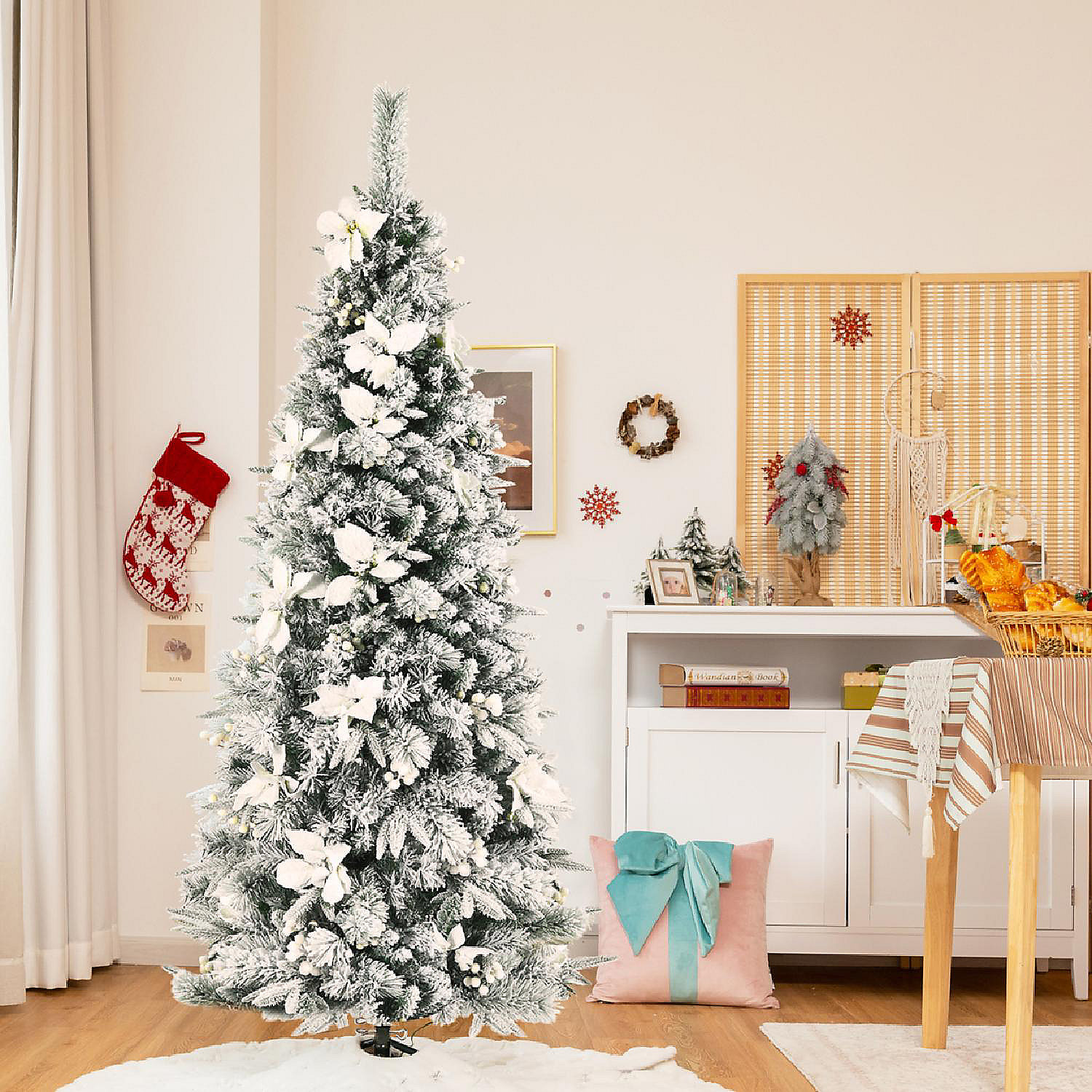 5/6/7/8 FT Artificial Snow Flocked Pencil Christmas Tree w/ White ...