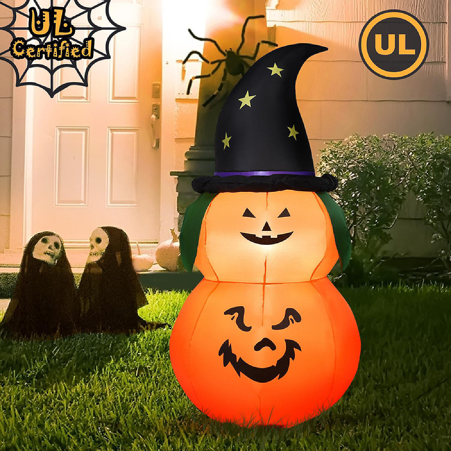 5ft Inflatable Halloween Pumpkin Decoration w/ LED Light Witch Hat