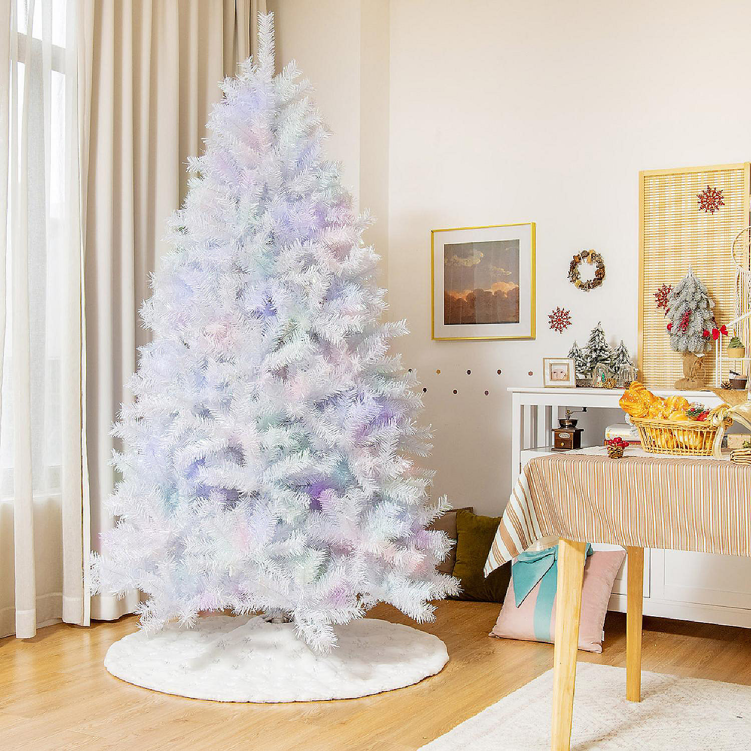 6/7/8 FT White Artificial Christmas Tree Hinged Unlit Iridescent Xmas