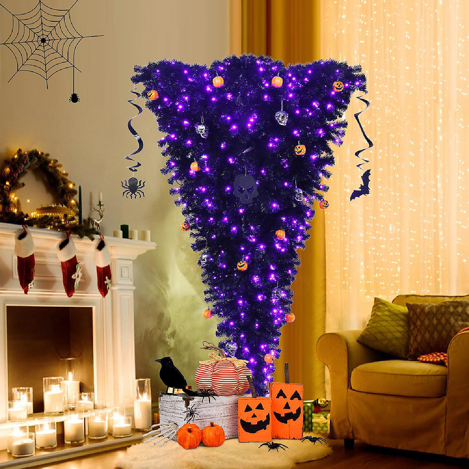 6FT Prelit Upside Down Black Halloween Tree Artificial Christmas Tree