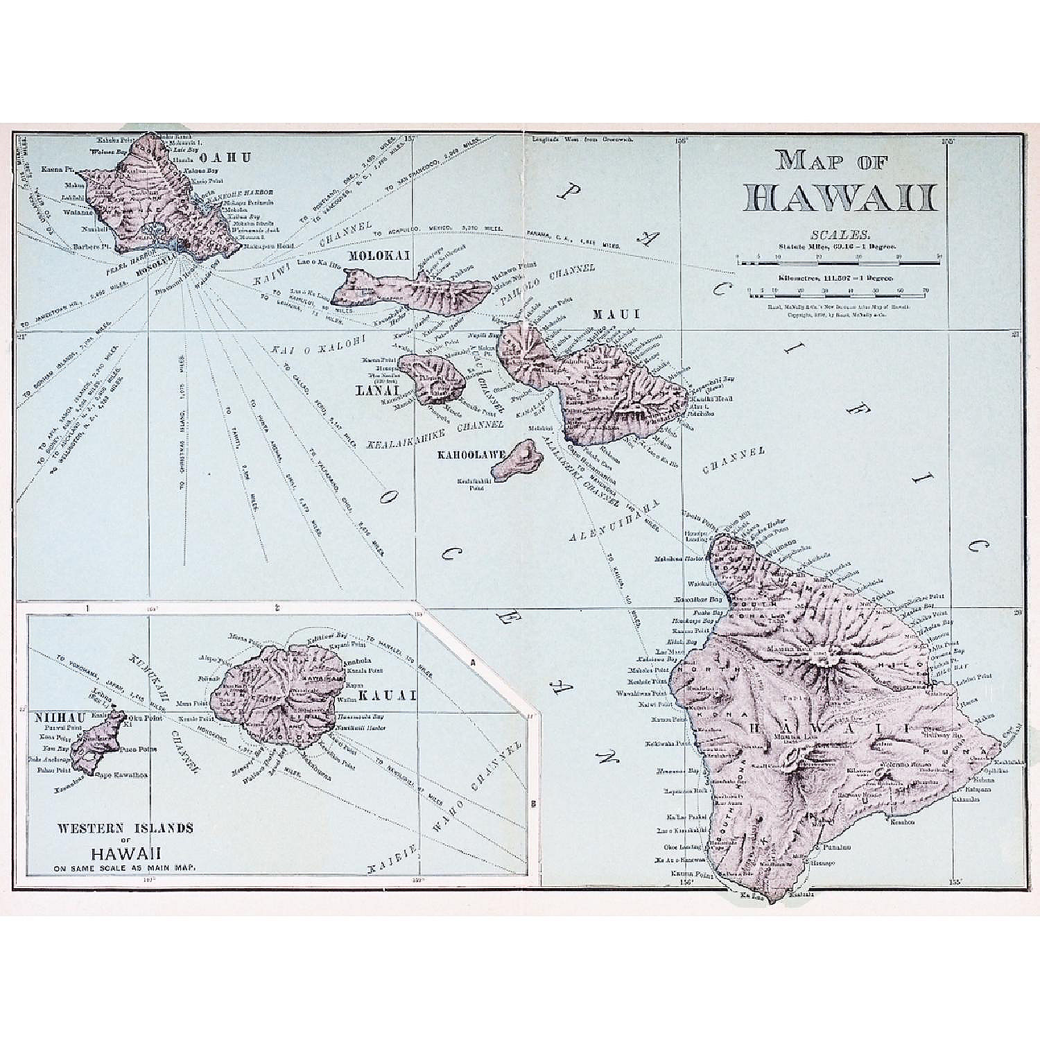 A Map Of Hawaii C. 1898. The Eight Major Islands Of The Hawaiian