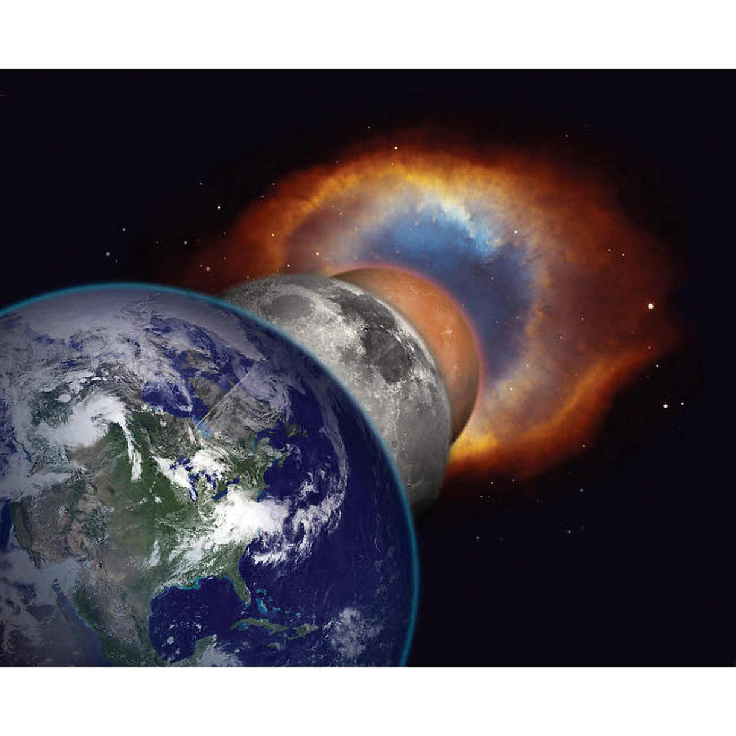 Artist's rendition of outer space depicting the Earth Moon and