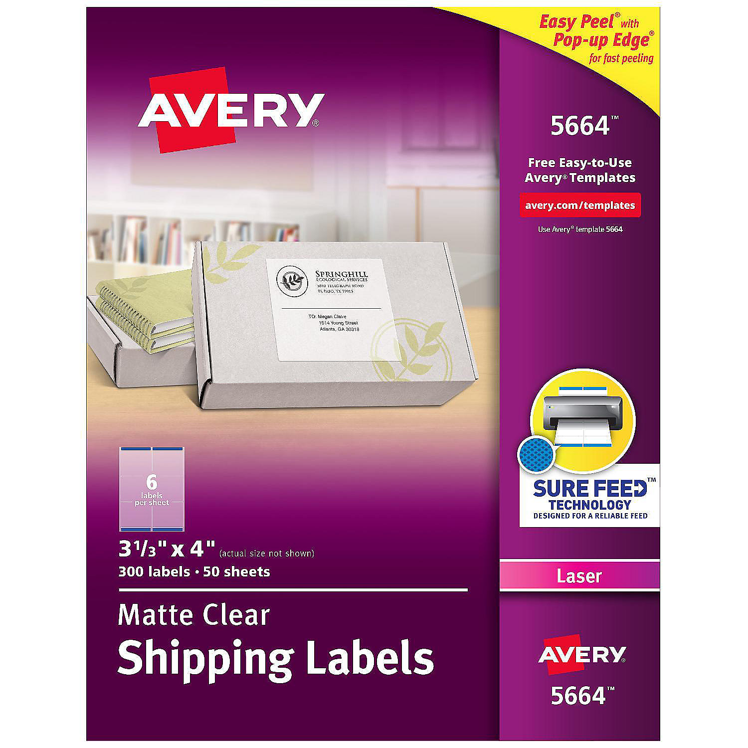 Avery Clear Shipping Labels, Sure Feed, 31/3" x 4" 300 Labels (15664