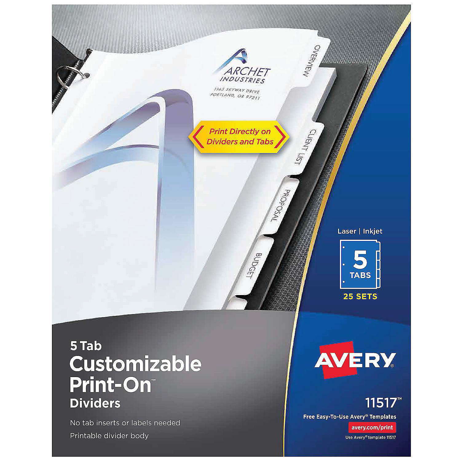 Avery Customizable PrintOn Dividers, 5 Tabs, 25 Sets (11517