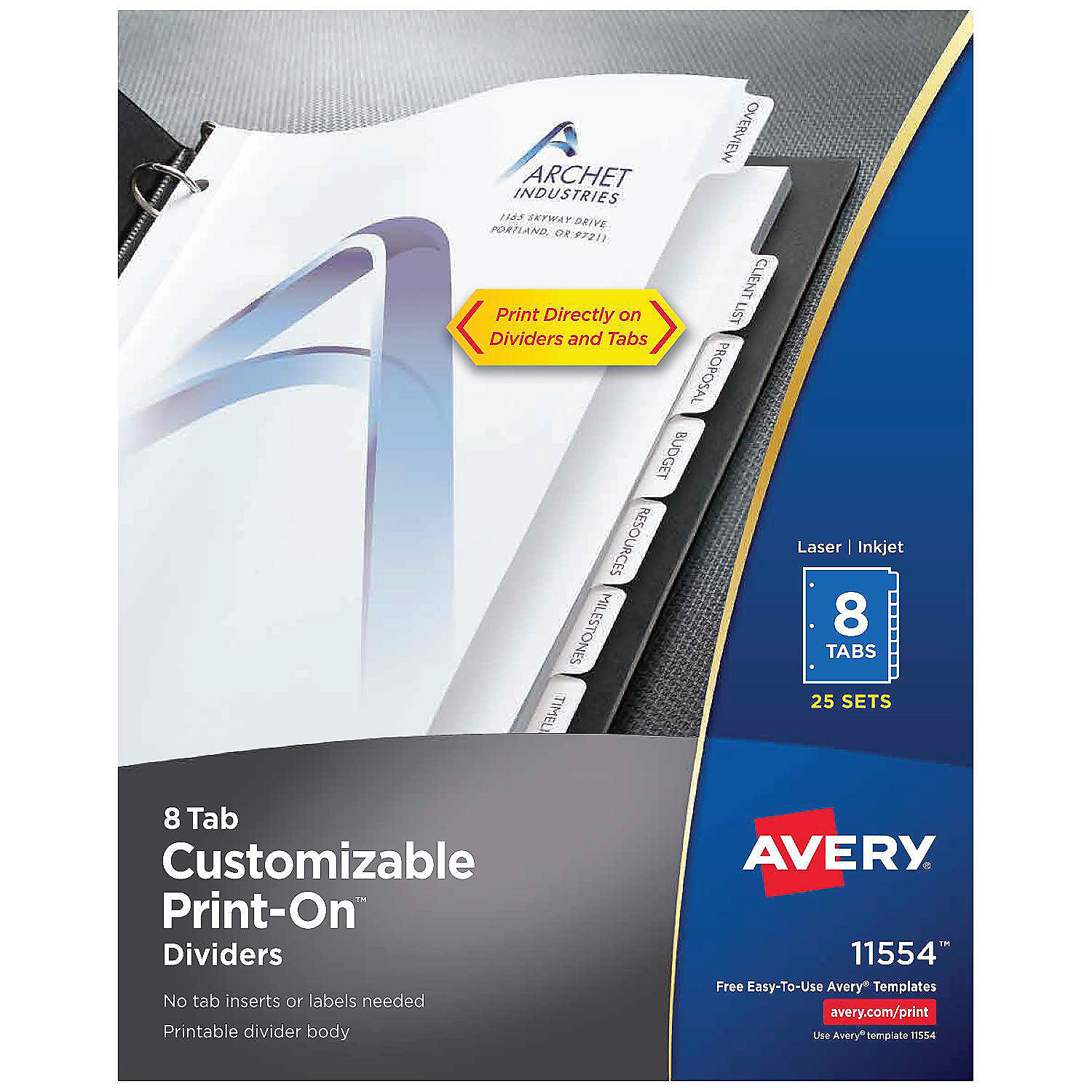 Avery Customizable PrintOn Dividers, 8 Tabs, White, 25 Sets (11554