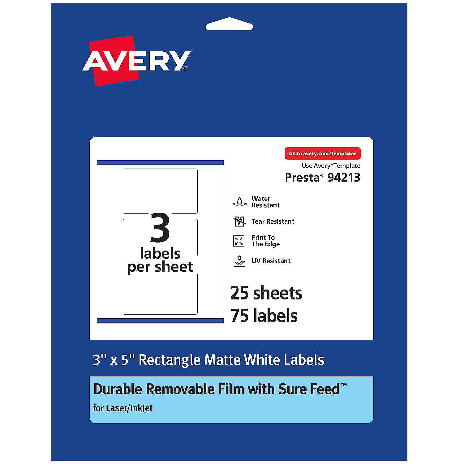 Avery Durable ID Labels, 3" x 5", 75 Labels, Removable | Oriental Trading