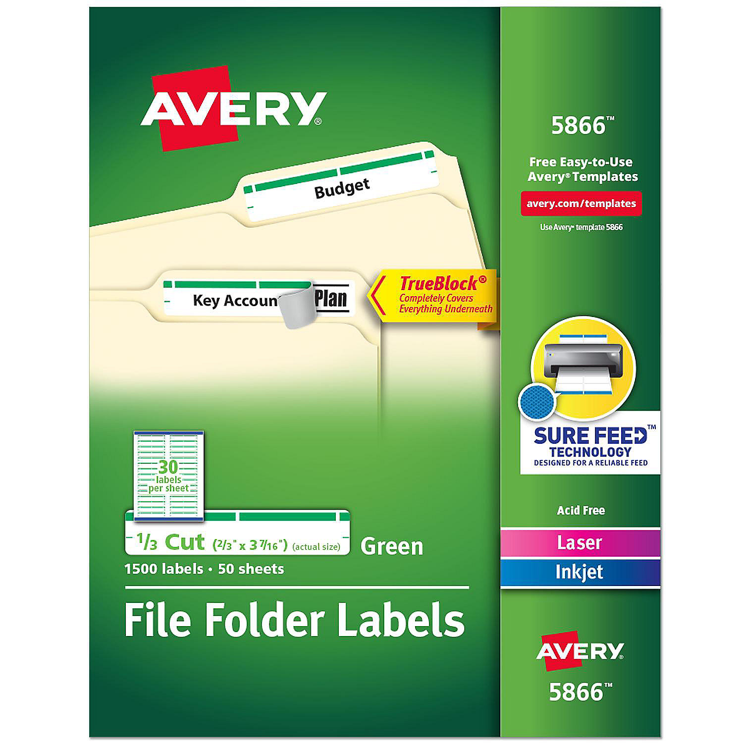 Avery File Folder Labels, 2/3" x 37/16", 1,500 Green Labels (5866